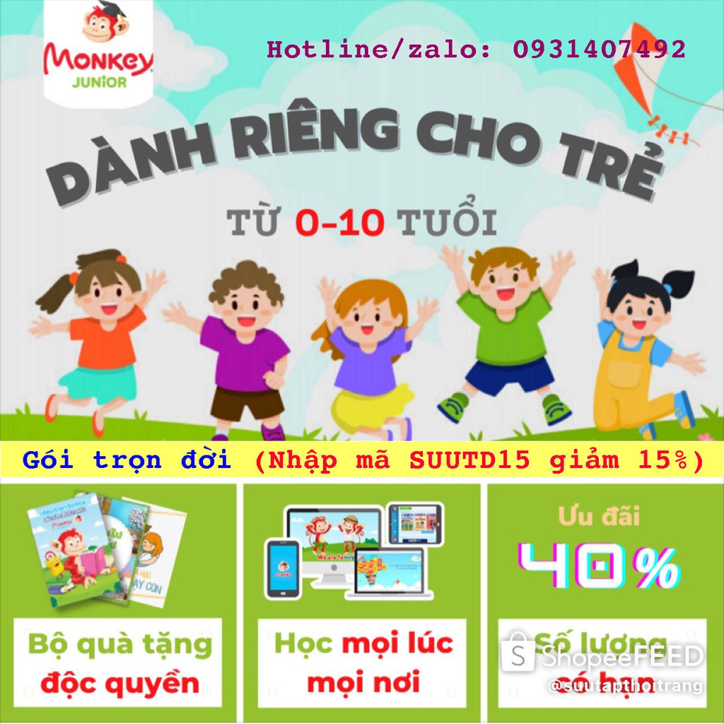 Toàn quốc [E-voucher]  Mã trọn đời học tiếng Anh tại phần mềm Monkey Junior và kèm quà tặng