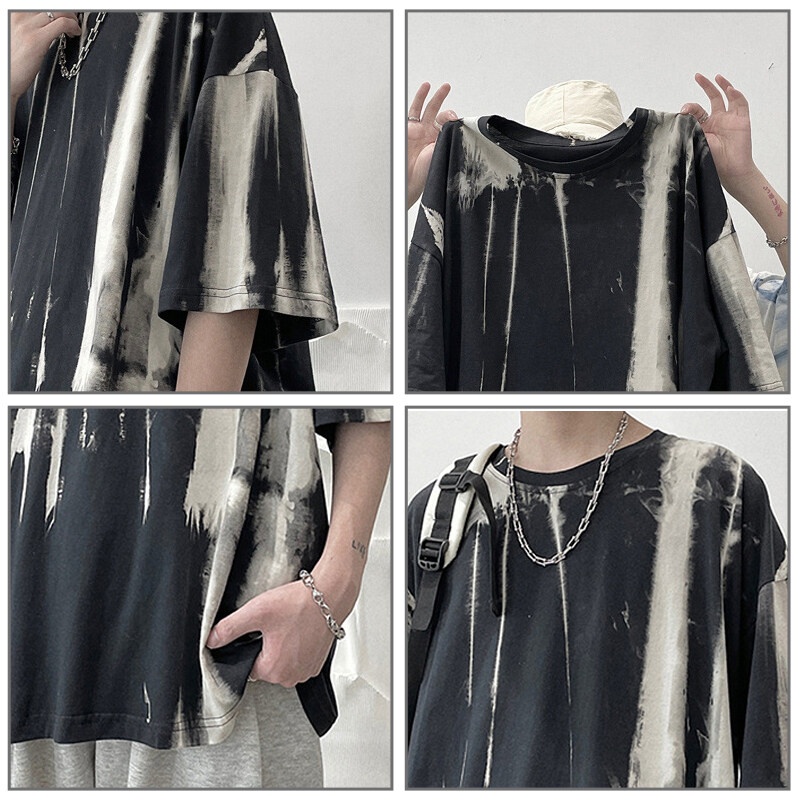 Áo thun AOKANG ngắn tay dáng rộng vừa vặn in họa tiết màu nhuộm phong cách Hàn Quốc dễ phối đồ