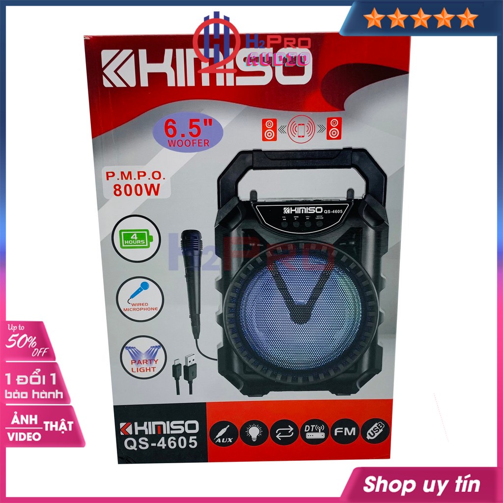 Loa Bluetooth Karaoke Mini, loa hát không dây Kimiso QS-4605 bass 16 cao cấp-led 7 màu, Tặng 1 Mic có dây-Shop H2pro
