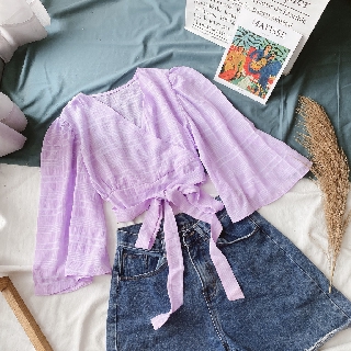ÁO TÍM CROPTOP ĐẮP CHÉO CỔ BÈO