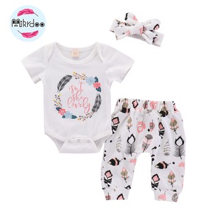 Mikrdoo Yếm tay ngắn in hoa lá + quần trắng + nón nơ thời trang cho bé gái