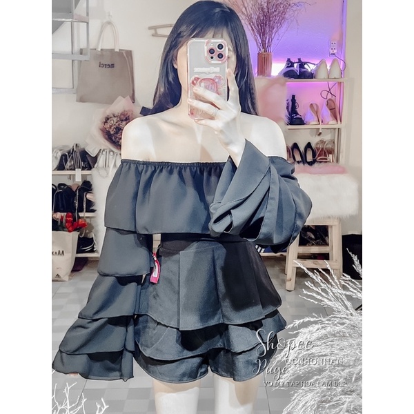 Set áo bẹt vai tay loe tầng phối chân váy tầng