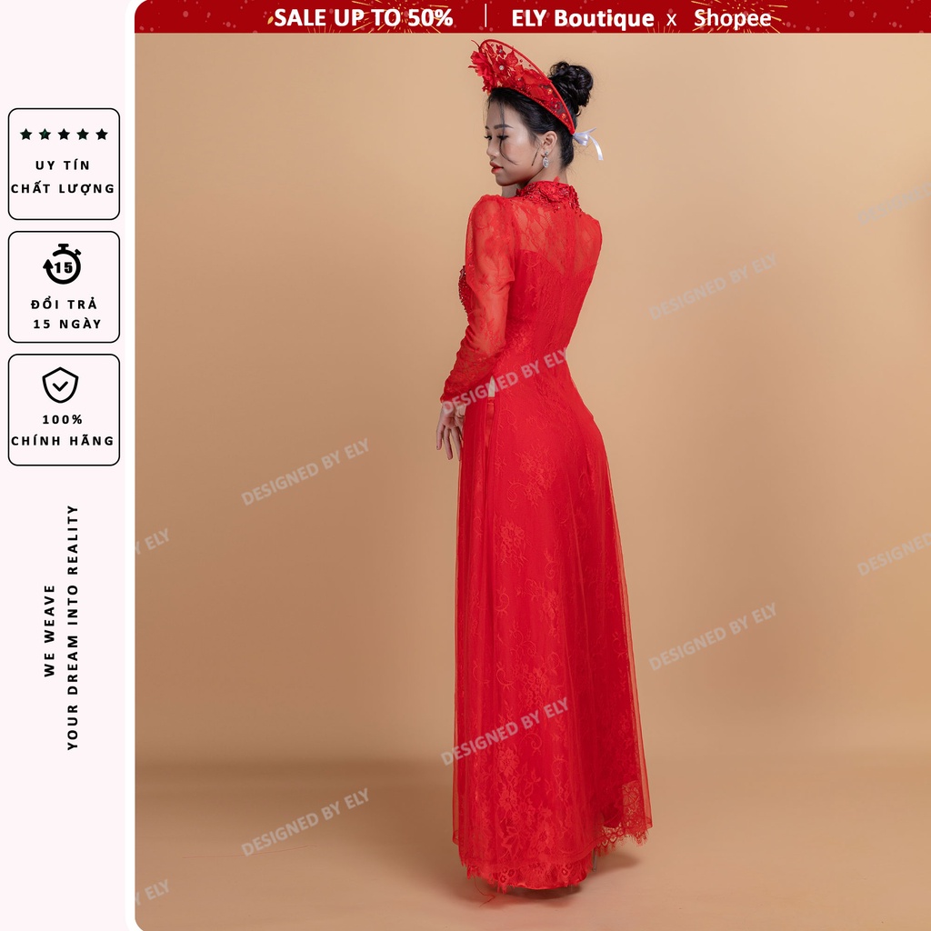 Áo dài cưới đẹp truyền thống ELY Boutique, áo dài đỏ đính kết đẹp, 3 lớp 6 tà