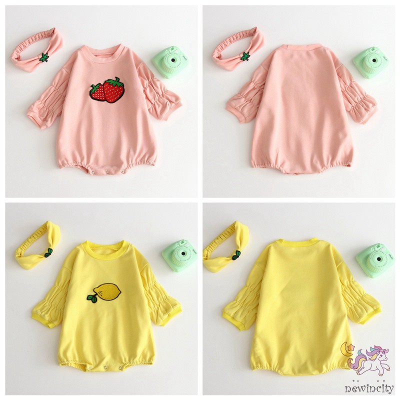 Bộ áo liền quần tay dài in hình trái cây kèm băng đô cho bé gái