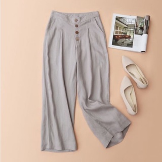 Quần Linen suông rộng KACHISA màu xám phối nút