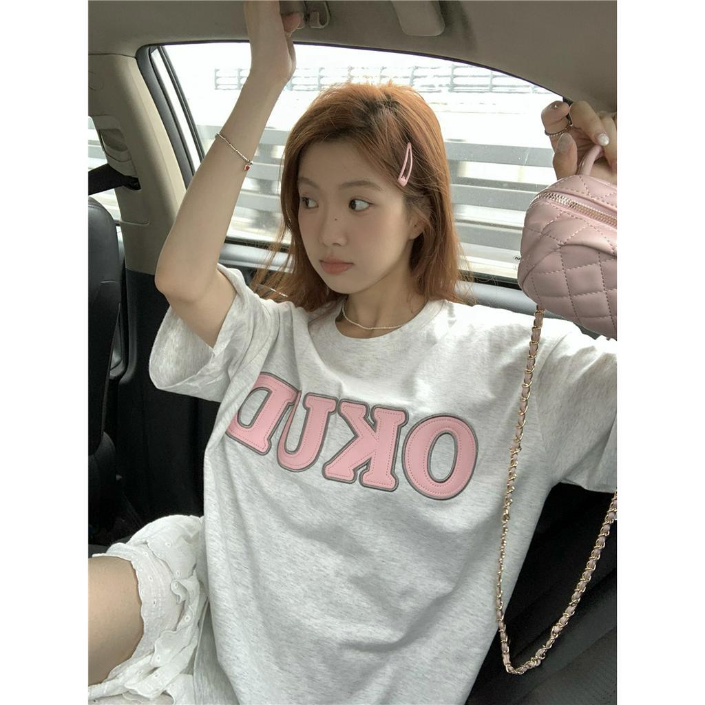 「 WELOVE1 」Áo Thun Nữ Ngắn Tay Cổ Tròn Thêu Chữ Nhiều Màu Sắc Phong Cách Hàn Quốc