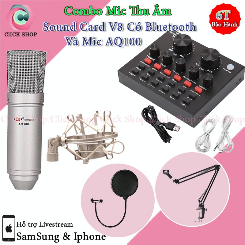 Bộ Mic Thu Âm Livestream Karaoke Aqta AQ100 và Sound Card V8 Có Bluetooth Auto-tune Chân Kẹp Màng Lọc Tặng Tai Nghe