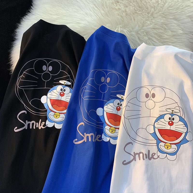 Áo Thun 100% cotton Tay Ngắn Dáng Rộng In Hình Doraemon Thời Trang Mùa Hè Cho Nam Và Nữ