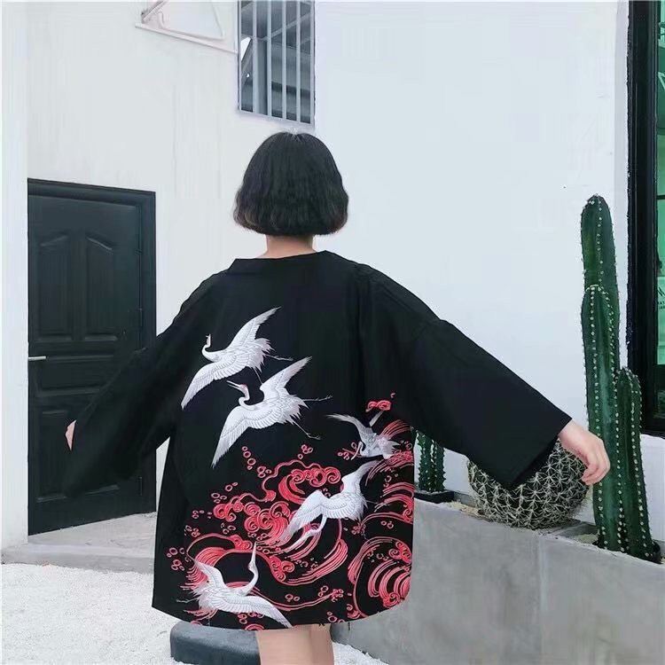 Áo Khoác kimono Tay Lỡ Họa Tiết Chim Hạc / Sóng Biển Phong Cách Nhật Bản Cho Nam Và Nữ
