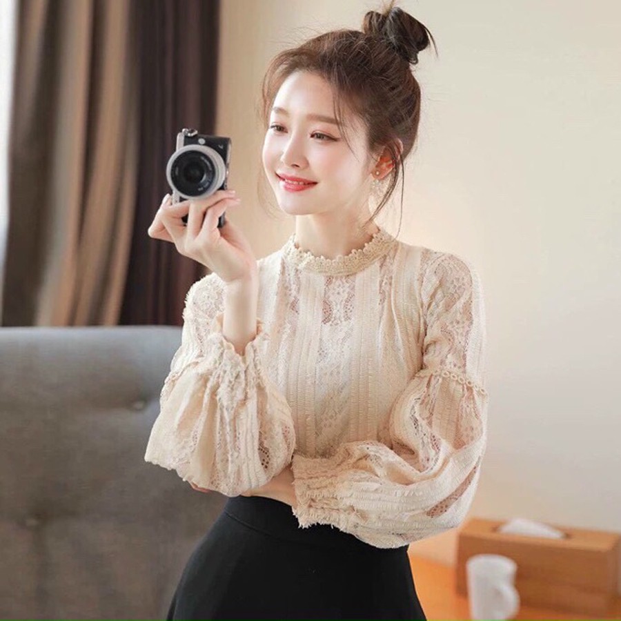 Áo sơ mi nữ ren dài tay hai lớp dáng rộng sơ mi nữ ren thiết kế cổ lọ kiểu công sở đi chơi GOROGI