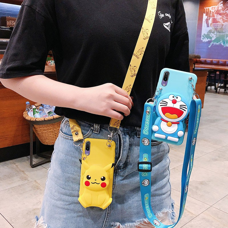 HUAWEI Honor 8X Honor 10 Honor 20 Honor 7X Honor 8 Honor 8Pro Honor 9 Honor view10 Honor 9lite Honor 7S 3D cartoon wallet Pikachu mobile phone case Cute Doraemon backpack mobile phone protective case Slash shoulder bag mobile phone anti dropping shell