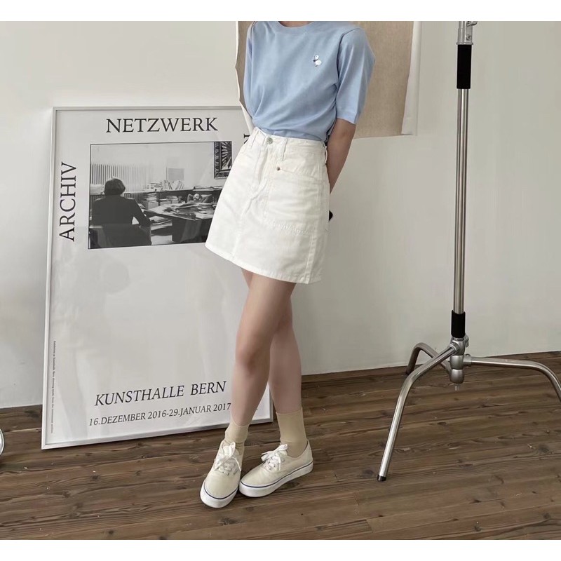 Chân váy jean ngắn kèm quần trong / 2 mầu trắng/ xanh dễ phối đồ phong cách Hàn Quốc