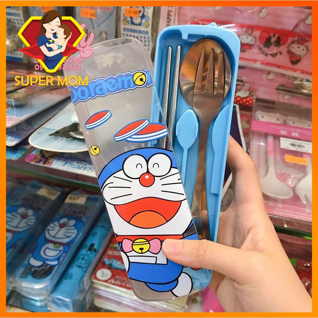 🔥Cao Cấp🔥 Bộ Đũa Thìa tập ăn 2 món inox chống gỉ cho bé hình Doremon Doraemon