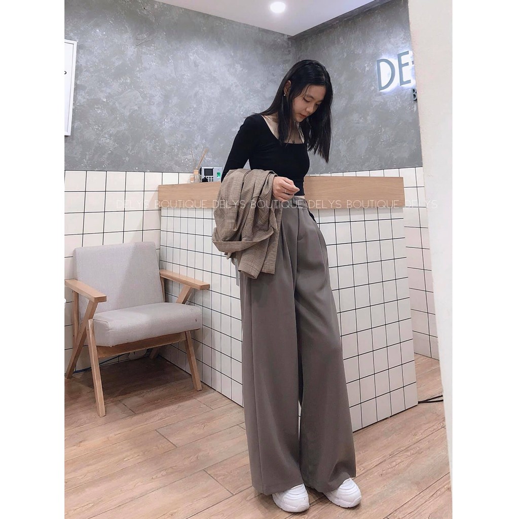 Quần ống rộng nữ lưng cao Delys quần suông xám ghi đá vải tuyết mưa mềm