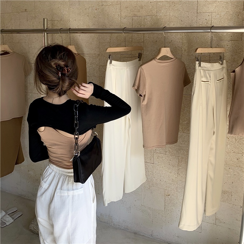 Set áo thun tay dài và áo hai dây ngắn thời trang cao cấp cho nữ