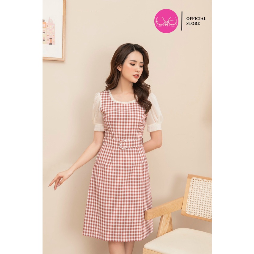 [Mã LT50 giảm 50k đơn 250k] Váy dáng a công sở kẻ caro cổ vuông tay voan có dây đai eo thương hiệu thời trang evalover | BigBuy360 - bigbuy360.vn