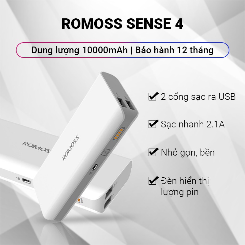 Pin sạc dự phòng 10000mAh Romoss Sense 4 hỗ trợ sạc nhanh tốc độ 2.1A, 2 cổng sạc ra USB, 1 cổng sạc vào Micro, nhỏ gọn