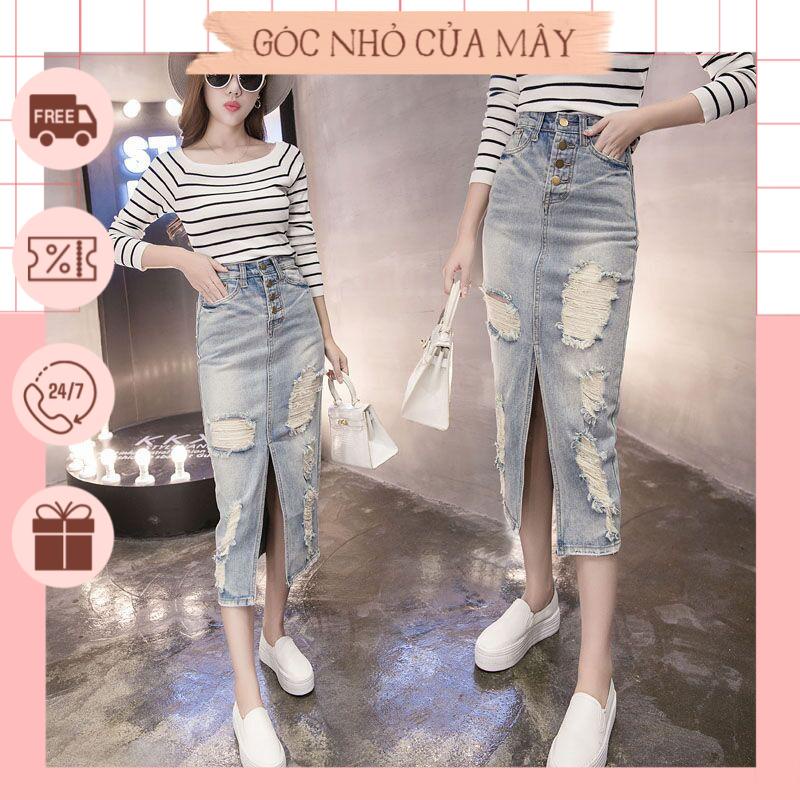(HÀNG ORDER) Chân váy bò dài rách GNCM2