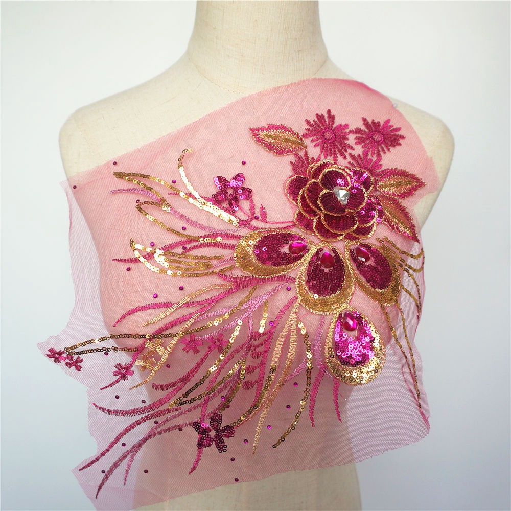 Miếng Vải Ren Thêu Hình Lông Công Đính Kim Sa Lấp Lánh Trang Trí Váy Cưới diy