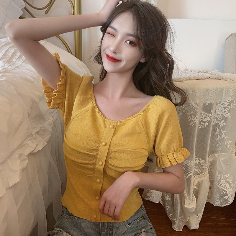 Áo Dệt Kim Tay Ngắn Cổ Vuông Thiết Kế Đơn Giản Hợp Thời Trang Xinh Xắn