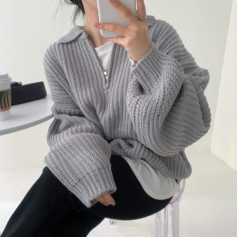Áo khoác Spill cổ đứng len đan màu neutral dễ phối