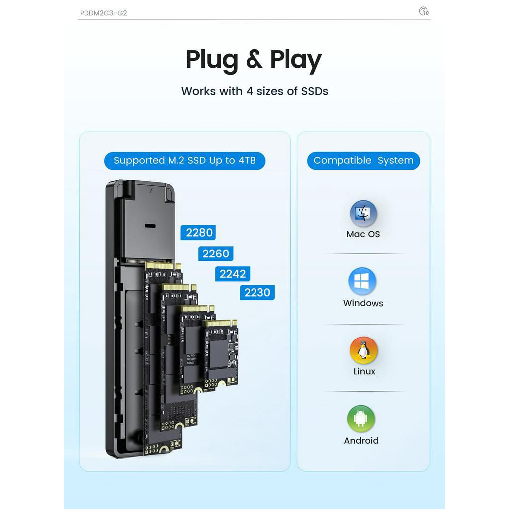 Hộp Đựng Ổ Cứng ORICO M.2 NVMe SSD 10Gbps USB 3.2 Gen2 M2 SSD Thiết Kế Đơn Giản Cho NVMe SATA UASP (PDDM2C3)