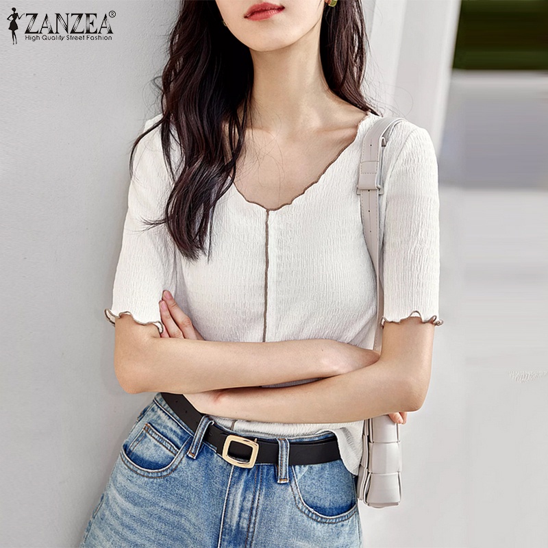 Zanzea Áo Nữ Tay Ngắn Cổ Chữ V Màu Tương Phản Phong Cách Hàn Quốc