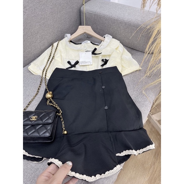 Set áo sơ mi phối chân váy ren bèo