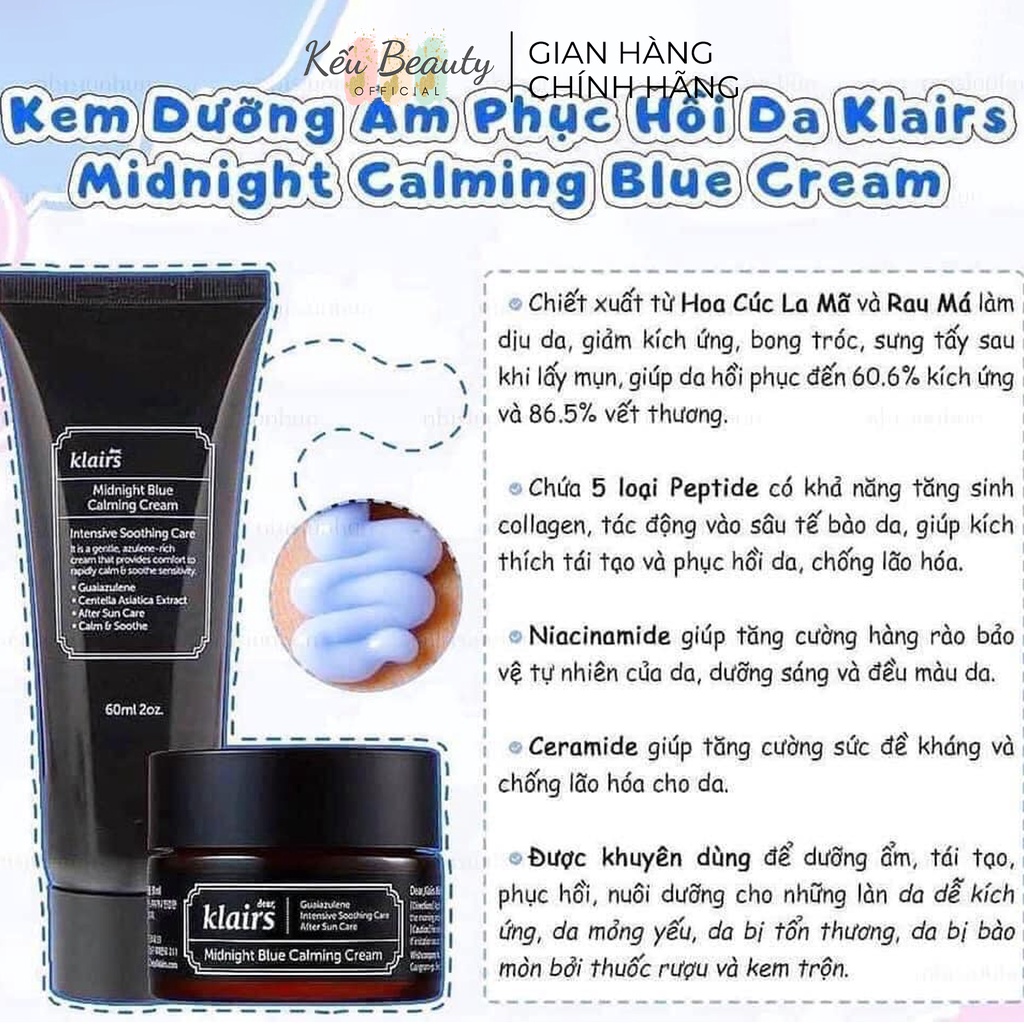 Kem Dưỡng Làm Dịu, Phục Hồi Da Tổn Thương, Nhạy Cảm Dear Klairs Midnight Blue Calming Cream (30ml/60ml)