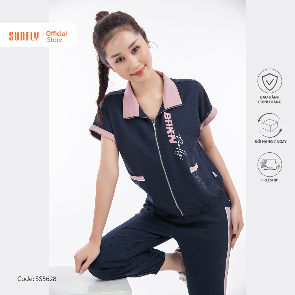Bộ đồ mặc nhà nữ thể thao đũi SUNFLY kéo khóa áo cộc, quần dài SS5628