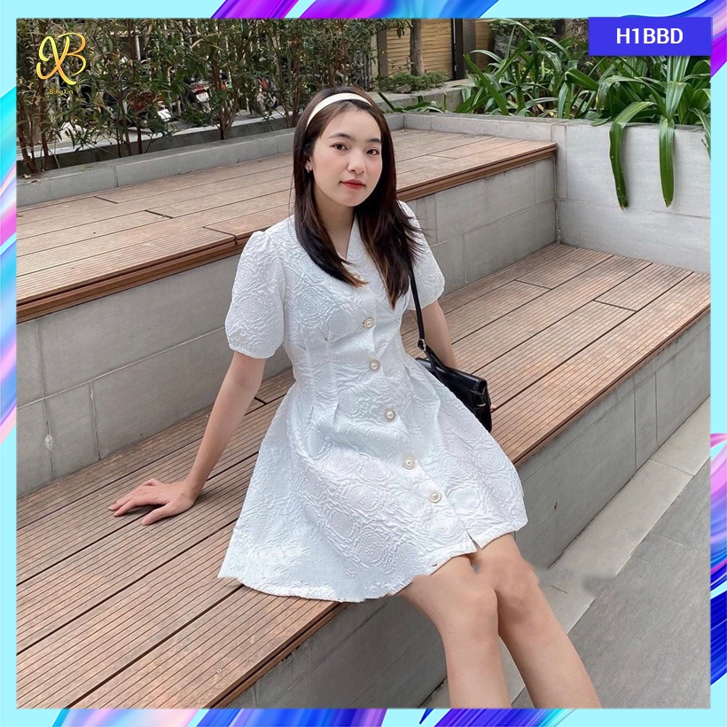 Váy/ đầm nữ babydoll hở eo lưng chiết eo dáng xòe tay bồng - H1BBD - Bingxin