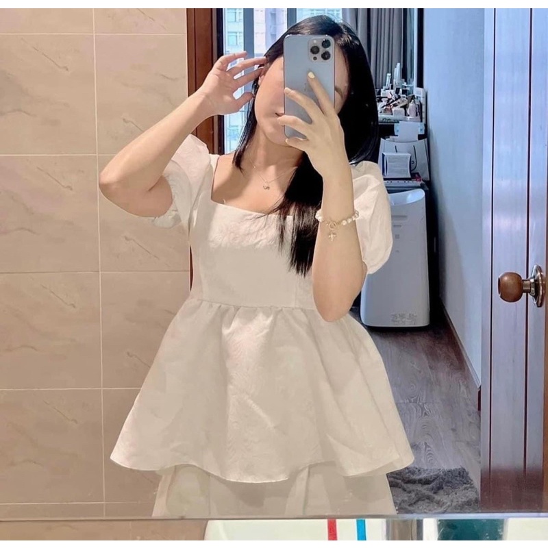 Áo Kristy Babydoll màu trắng Tay Phồng Cổ Vuông, Áo Kiểu Nữ Tay Bồng Dây Nơ Cột Sau Chất Vải Gấm Cao Cấp Đứng Form