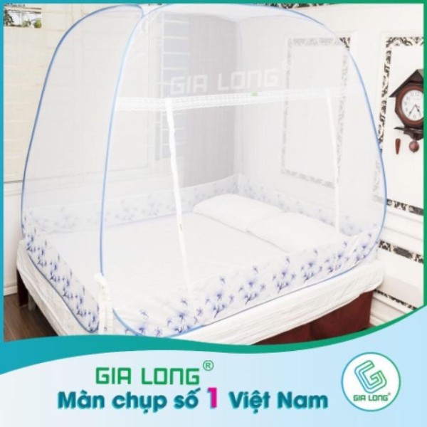 Màn chụp tự bung Gia Long đỉnh vuông màu trắng chân diềm hoa xanh