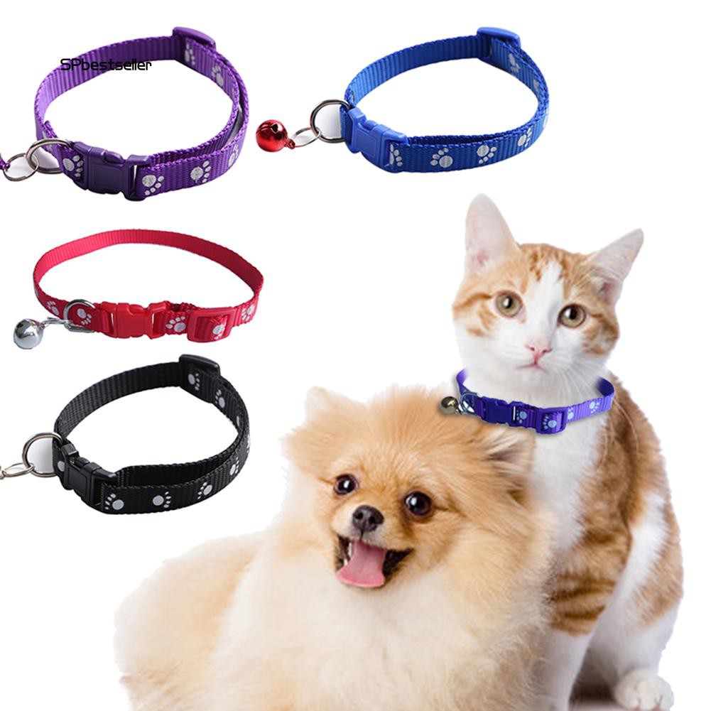 SPBS❤Fashion Dog Puppy Cat Kitten Buckle Paw Print Adjustable Pet Collar with Bell