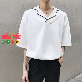 Áo sơ mi form rộng tay lỡ cổ vest viền chéo