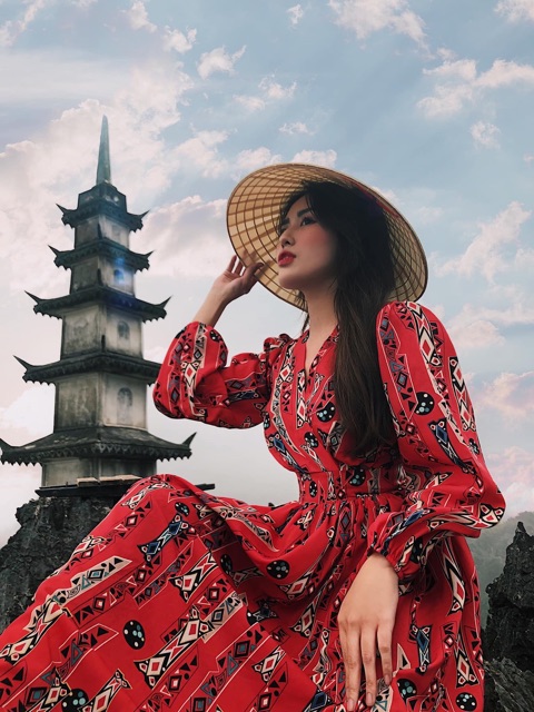 [GIÁ HUỶ DIỆT] [Hàng Quảng Châu] Váy maxi cổ V hoạ tiết | BigBuy360 - bigbuy360.vn