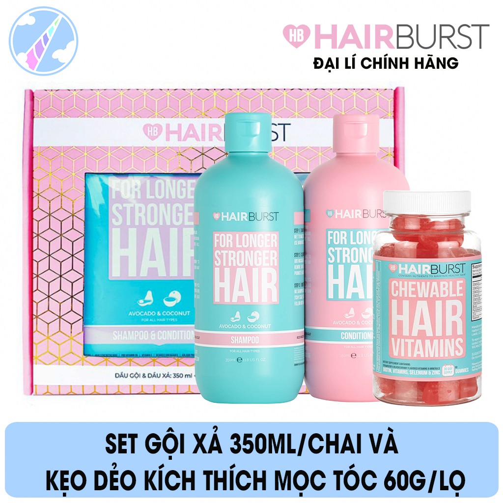 Combo Hairburst Set Gội Xả 350ml/Chai và Kẹo Dẻo Vitamin Kích Thích Mọc Tóc Chewable Hair Vitamins 60gr/lọ