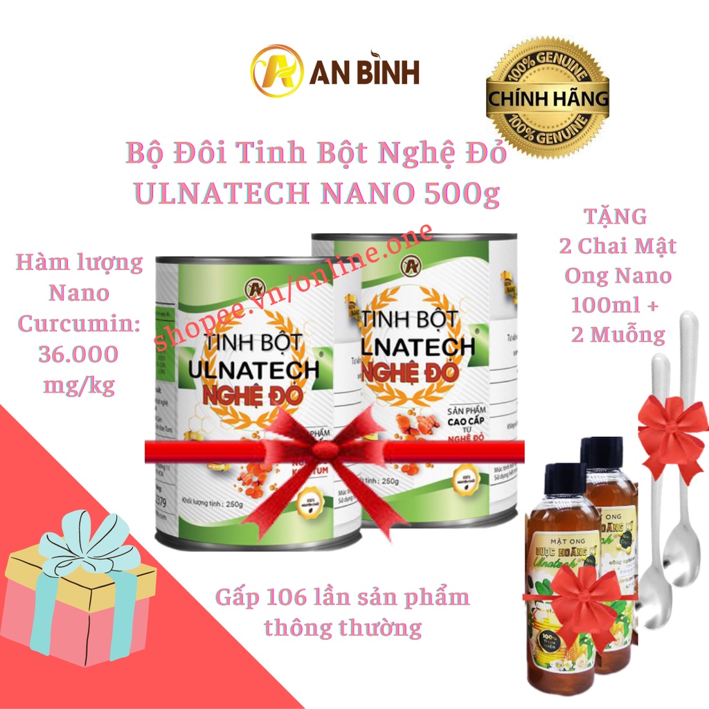 Combo 2 Hộp Tinh Bột Nghệ Đỏ ULNATECH NANO 500g An Bình, Curcumin Siêu Cao, Tặng 2 Chai Mật Ong, Tặng 2 Muỗng