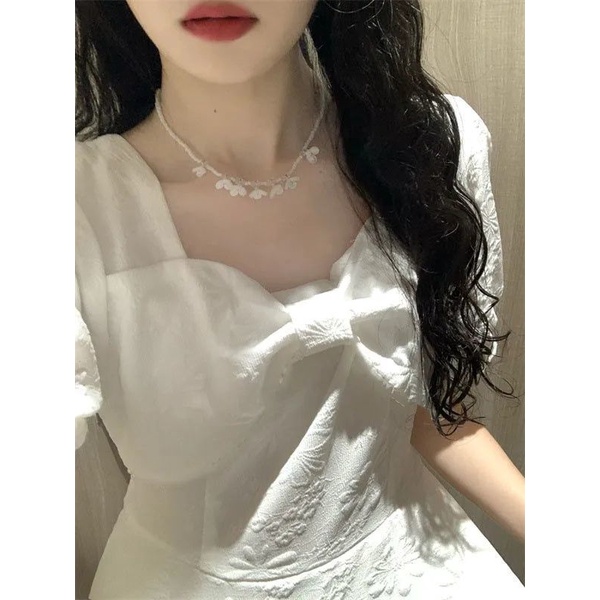 Đầm Trắng Thắt Nơ Eo Phong Cách Hàn Quốc Ngọt Ngào Thời Trang Mùa Hè Hàng Mới Dành Cho