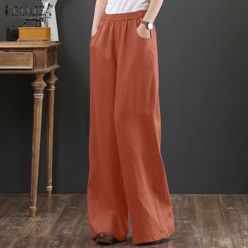 Quần ZANZEA cotton eo co giãn màu trơn ống rộng thời trang đơn giản thanh lịch cho nữ