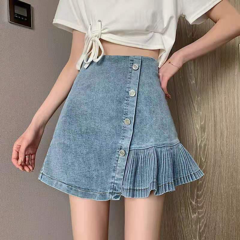 Chân Váy Denim Ngắn Lưng Cao Phong Cách Hàn Quốc Mới