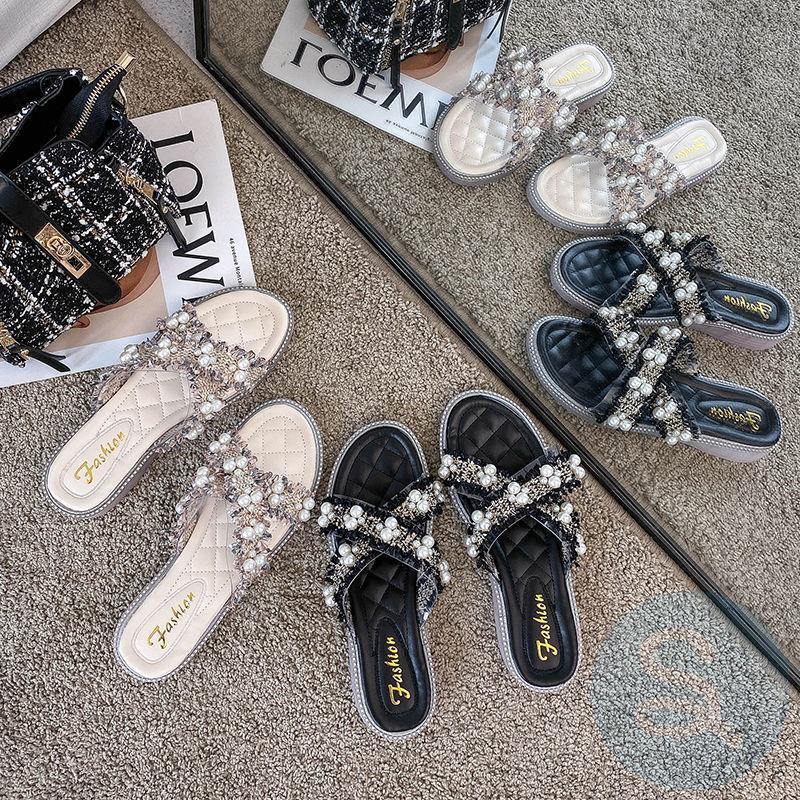 ►▪☜Size 35-43 Large women s shoes 41 fashion slippers summer wear non-slip new sea beach pearl sandals 42