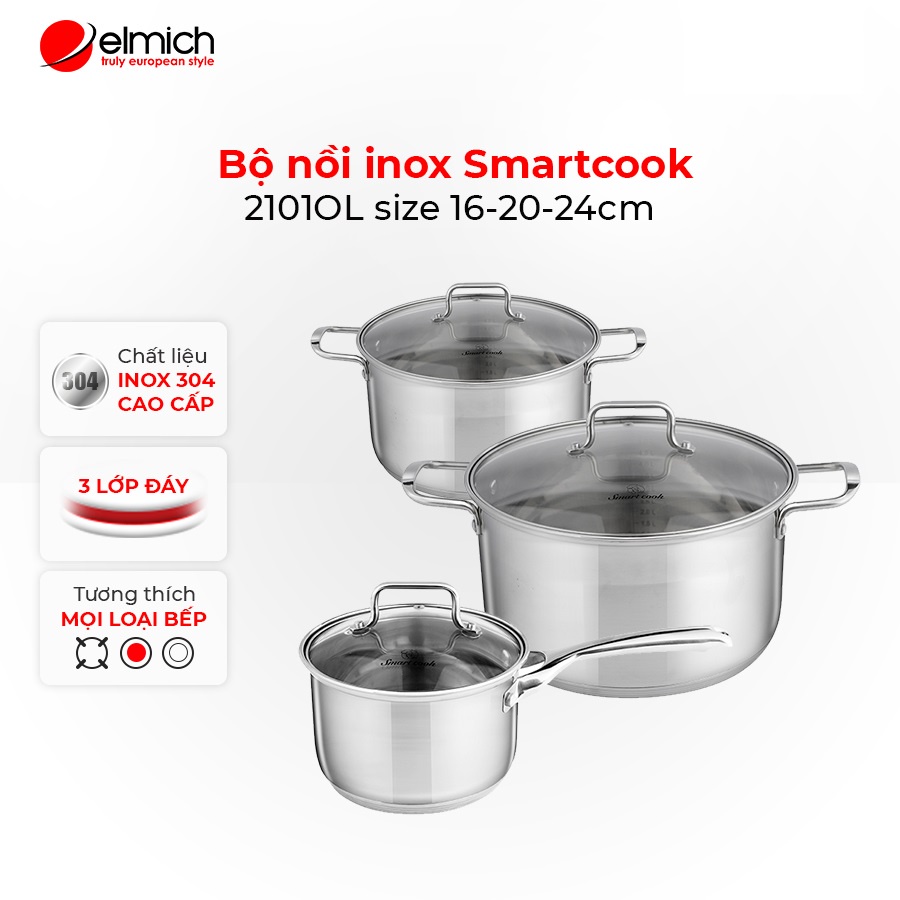 [Mã LIFEMALL9915 giảm 12% đơn 99K] Bộ nồi inox Smartcook 2101OL size 16-20-24cm