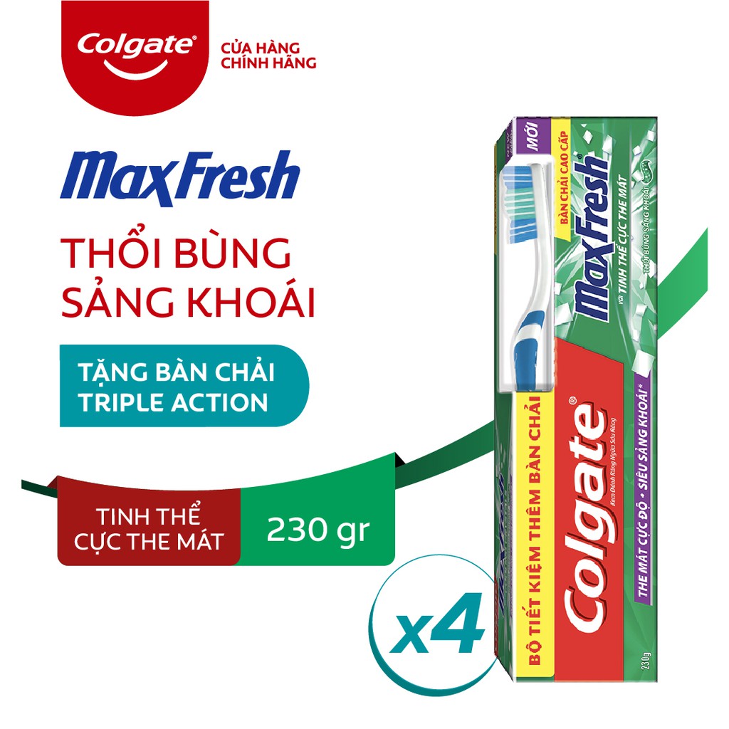 [Mã FMCGCO5 giảm 8% đơn 250K] Bộ 4 Kem đánh răng Colgate Maxfresh sảng khoái 230g tặng bàn chải Colgate Triple Action