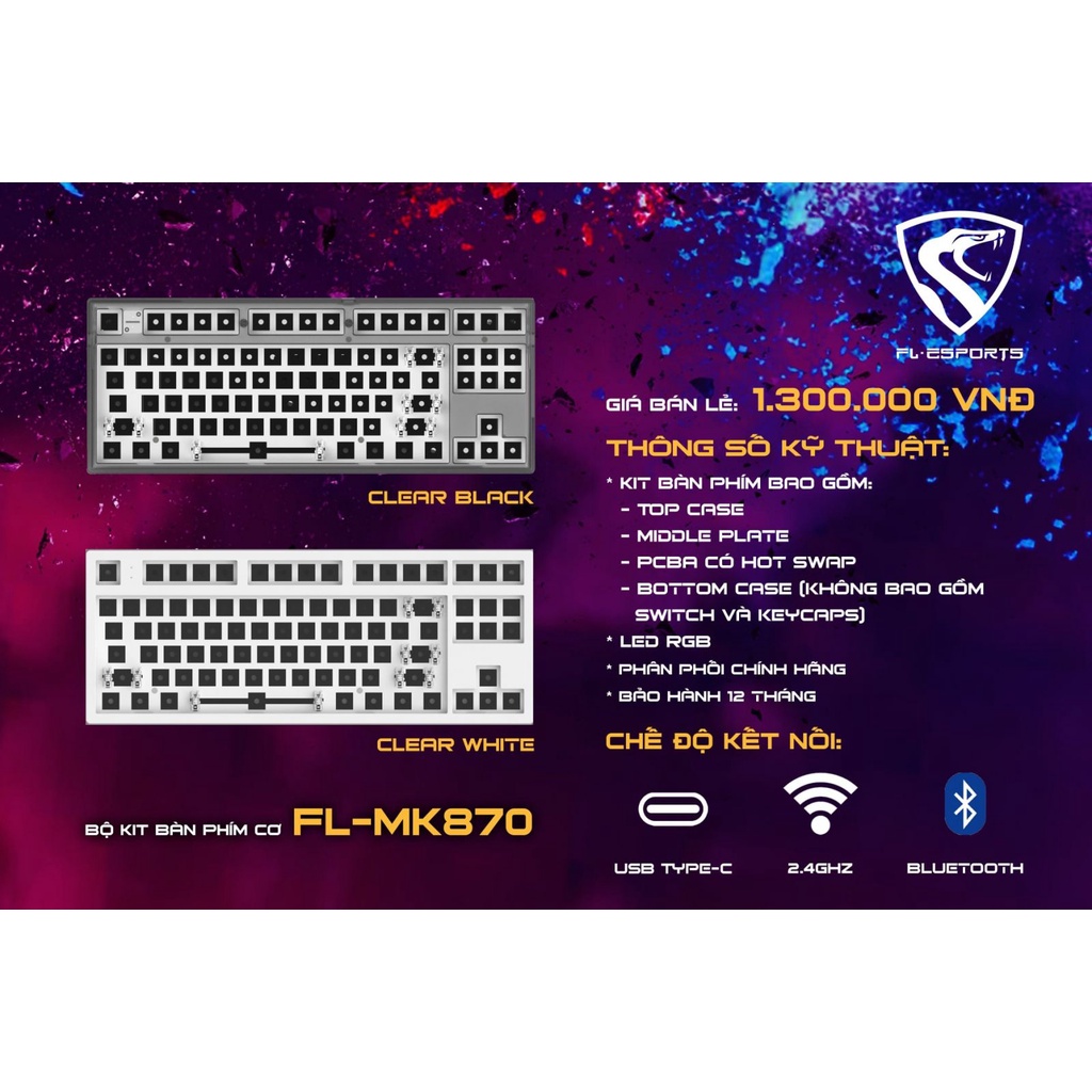 [Hàng chính hãng] Bộ KIT bàn phím cơ không dây FL-Esports FL MK870 | RGB - Hotswap - 3 Mode Bảo Hành 12 Tháng