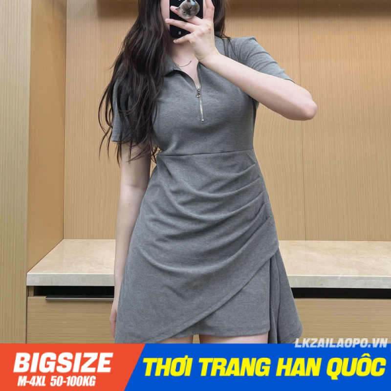 Đầm Bigsize Váy nữ dáng ôm tay ngắn có cổ che bụng mỡ ôm eo xếp ly mùa hè Phong cách Hàn Quốc Thời Trang tiểu thư cá tính xinh đẹp cho người mập béo