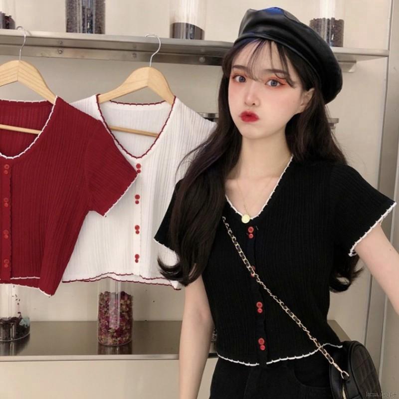 Áo croptop dệt kim tay ngắn thiết kế cổ chữ V nữ tính | BigBuy360 - bigbuy360.vn