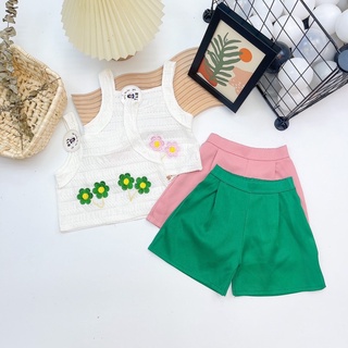 Set áo dây hoa lỗ + quần thô trơn bé gái