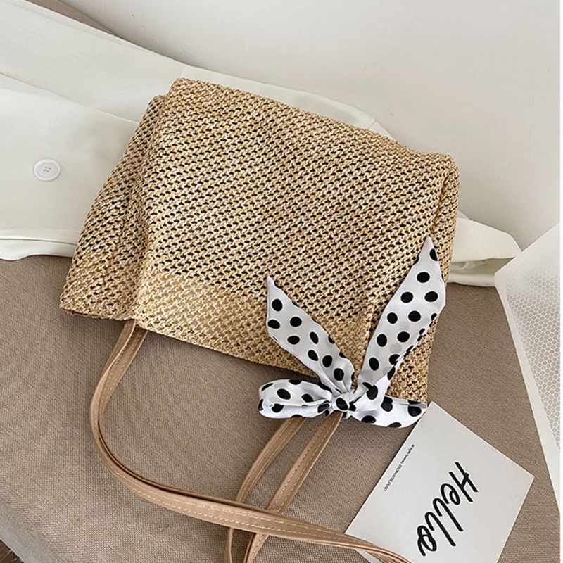 Túi cói xách tay sức chứa lớn thắt dây ruy băng lụa phong cách vintage thời trang dành cho nữ