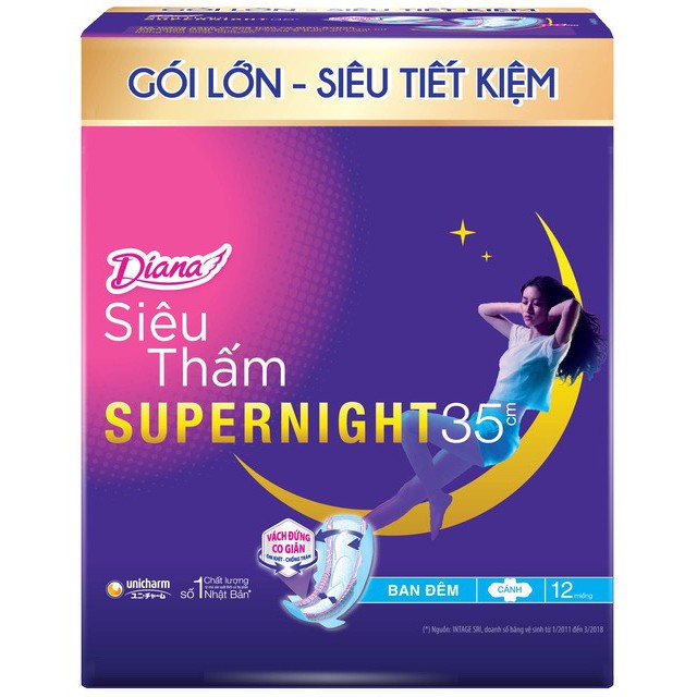 [GÓI LỚN 12M] Băng vệ sinh Diana siêu thấm Supernight 29cm 12 miếng/gói (siêu tiết kiệm)